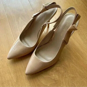 Platanitos Pointed Toe Patent Leather Heels with Bow, Nude, Size 38 (US 7)